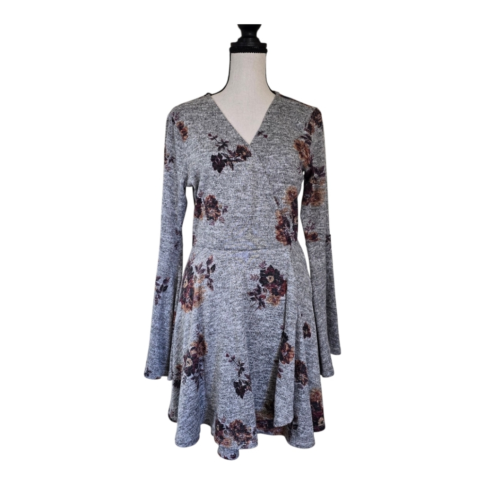Abound Mini Flare Dress Gray Maroon Floral Long Bell Sleeve Woman Med Fall Soft